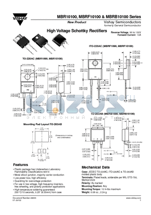 MBR10100 datasheet - High Voltage Schottky Rectifiers