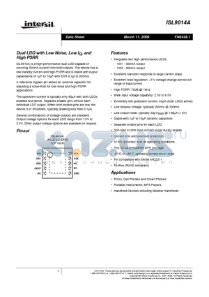 ISL9014AIRKNZ datasheet - Dual LDO with Low Noise, Low IQ, and High PSRR