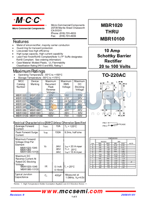 MBR10100 datasheet - 10 Amp Schottky Barrier Rectifier 20 to 100 Volts