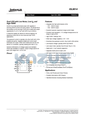 ISL9014IRBCZ datasheet - Dual LDO with Low Noise, Low IQ, and High PSRR