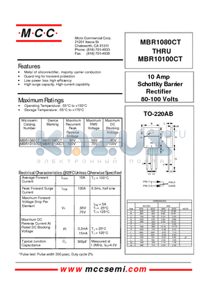 MBR10100CT datasheet - 10 Am p Schott ky Barrier Rectifier 80-100 Volts