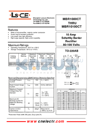 MBR10100CT datasheet - 10Amp schottky barrier rectifier 80-100 volts