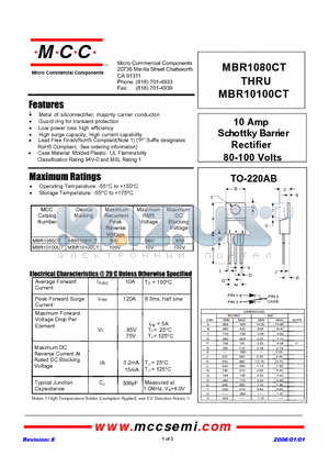 MBR10100CT datasheet - 10 Amp Schott ky Barrier Rectifier 80-100 Volts