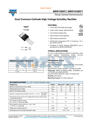 MBR10100CT datasheet - Dual Common-Cathode High Voltage Schottky Rectifier