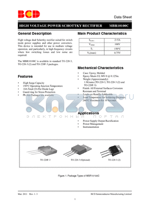 MBR10100CT-G1 datasheet - HIGH VOLTAGE POWER SCHOTTKY RECTIFIER