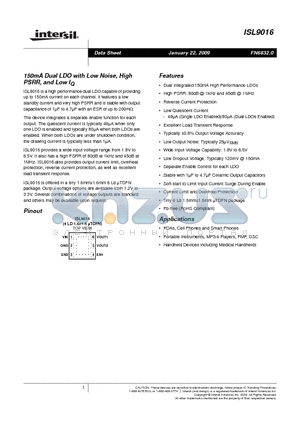 ISL9016IRUBBZ-T datasheet - 150mA Dual LDO with Low Noise, High PSRR, and Low IQ