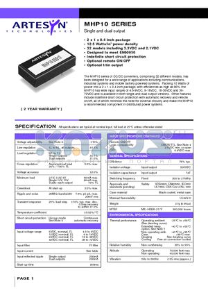 MHP10-12D15 datasheet - Single and dual output 10 Watt Wide input DC/DC converters