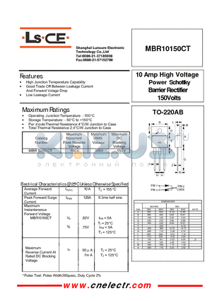 MBR10150CT datasheet - 10Amp high voltage power schottky barrier rectifier 150volts