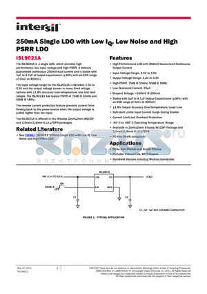 ISL9021AIIWZ-T datasheet - 250mA Single LDO with Low IQ, Low Noise and High PSRR LDO