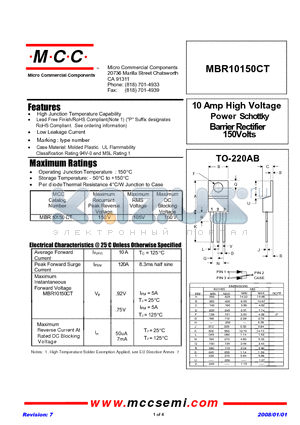 MBR10150CT_08 datasheet - 10 Amp High Voltage Power Schottky Barrier Rectifier 150Volts