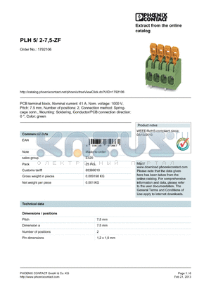 PLH5 datasheet - PCB terminal block, Nominal current: 41 A, Nom. voltage: 1000 V