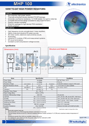 MHP100 datasheet - 100W TO-247 HIGH POWER RESISTORS