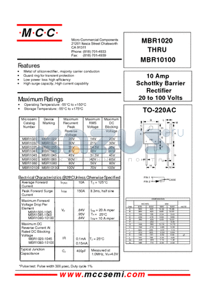 MBR1020 datasheet - 10 Amp Schottky Barrier Rectifier 20 to 100 Volts
