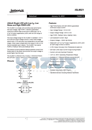 ISL9021IIFZ-T datasheet - 250mA Single LDO with Low IQ, Low Noise and High PSRR LDO