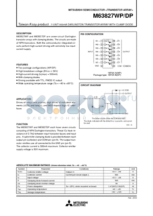 M63827DP datasheet - 7-UNIT 500mA DARLINGTON TRANSISTOR ARRAY WITH CLAMP DIODE