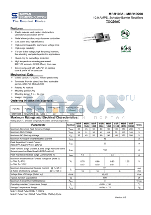 MBR10200 datasheet - 10.0 AMPS. Schottky Barrier Rectifiers High surge capability