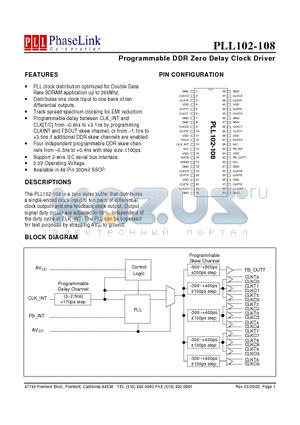 PLL102-108 datasheet - Programmable DDR Zero Delay Clock Driver
