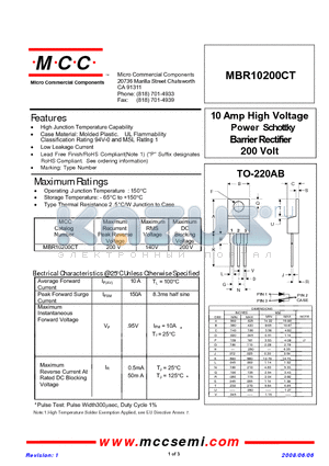 MBR10200CT datasheet - 10 Amp High Voltage Power Schottky Barrier Rectifier 200 Volt