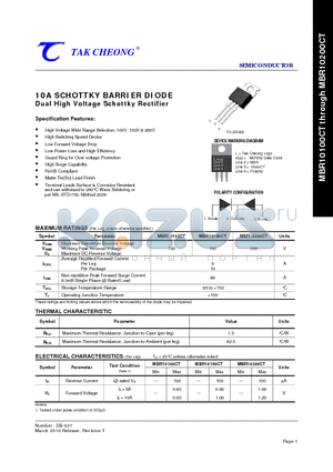 MBR10200CT datasheet - 10A SCHOTTKY BARRIER DIODE Dual High Voltage Schottky Rectifier