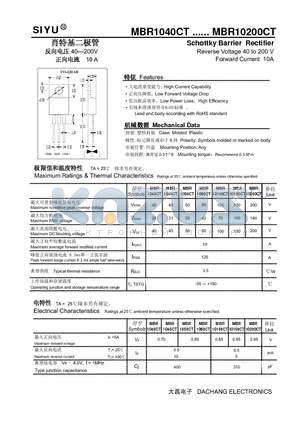 MBR10200CT datasheet - Schottky Barrier Rectifier Reverse Voltage 40 to 200 V Forward Current 10A