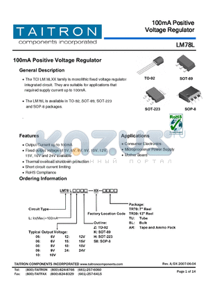 LM78L05H-XX-TR70 datasheet - 100mA Positive Voltage Regulator