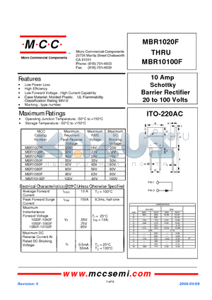 MBR1020F datasheet - 10 Amp Schottky Barrier Rectifier 20 to 100 Volts