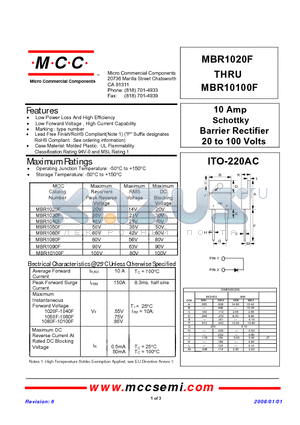 MBR1020F datasheet - 10 Amp Schottky Barrier Rectifier 20 to 100 Volts