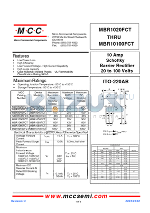 MBR1020FCT datasheet - 10 Amp Schottky Barrier Rectifier 20 to 100 Volts