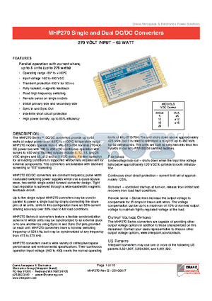 MHP270 datasheet - Parallel operation with current share, up to 5 units (up to 276 watts) Sync In and Sync Out