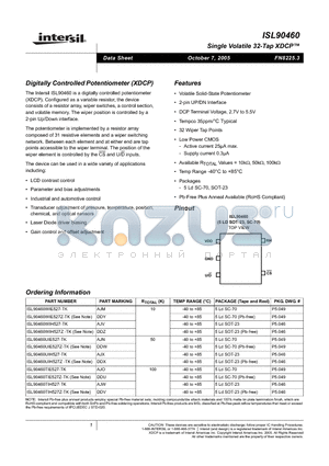 ISL90460WIE527Z-TK datasheet - Digitally Controlled Potentiometer (XD