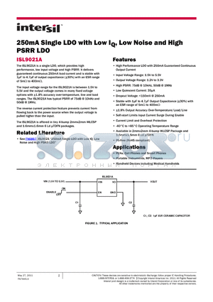 ISL9021AIIFZ-T datasheet - 250mA Single LDO with Low IQ, Low Noise and High PSRR LDO