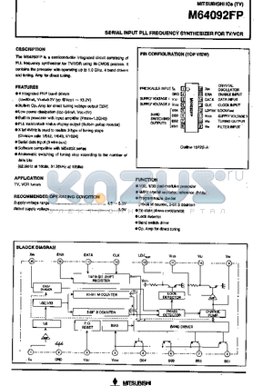 M64092FP datasheet - Serial input pll prequency synthesizer for TV/VCR