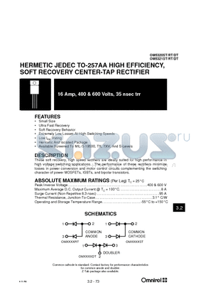 OM5320RT datasheet - HERMETIC JEDEC TO-257AA HIGH EFFICIENCY, SOFT RECOVERY CENTER-TAP RECTIFIER