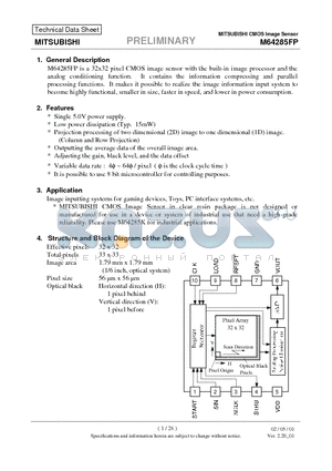 M64285FP datasheet - CMOS Image Sensor(Image inputting systems for gaming devices, Toys, PC interface systems)