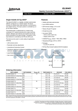 ISL90461UIE627Z-TK datasheet - Single Volatile 32-Tap XDCP