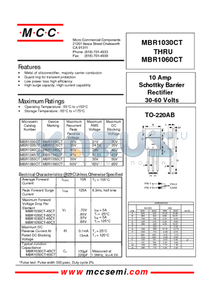 MBR1030CT datasheet - 10 Am p Schott ky Barrier Rectifier 30-60 Volts