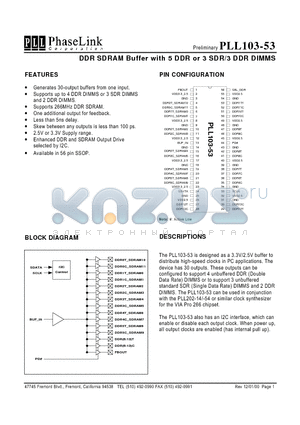 PLL103-53 datasheet - DDR SDRAM Buffer with 5 DDR or 3 SDR/3 DDR DIMMS