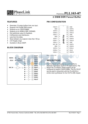 PLL103-07 datasheet - 2 DIMM DDR Fanout Buffer
