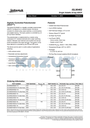 ISL90462WIH627-TK datasheet - Digitally Controlled Potentiometer (XDCP)