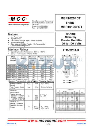 MBR1030FCT datasheet - 10 Amp Schottky Barrier Rectifier 20 to 100 Volts