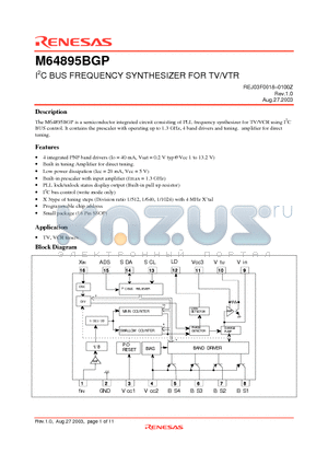 M64895BGP datasheet - I2C BUS FREQUENCY SYNTHESIZER FOR TV/VTR
