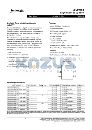 ISL90462UIH627-TK datasheet - Digitally Controlled Potentiometer (XDCP)