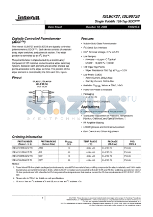 ISL90728WIE627Z-TK datasheet - Digitally Controlled Potentiometer XDCP