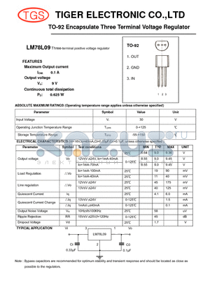 LM78L09 datasheet - TO-92 Encapsulate Three Terminal Voltage Regulator