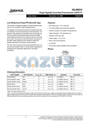 ISL90810WIU8Z datasheet - Single Digitally Controlled Potentiometer