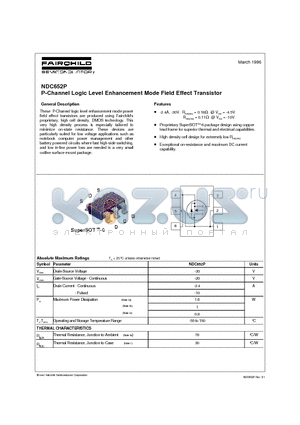 NDC652 datasheet - P-Channel Logic Level Enhancement Mode Field Effect Transistor