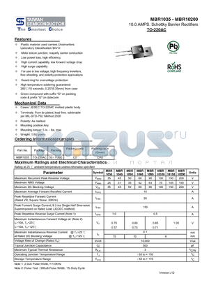 MBR1035_12 datasheet - 10.0 AMPS. Schottky Barrier Rectifiers High surge capability