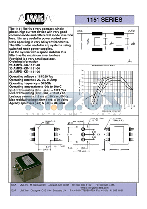 KK-1151-36 datasheet - The 1151 filter is a very compact, single phase, high current device with very good common mode and differential mode insertion loss