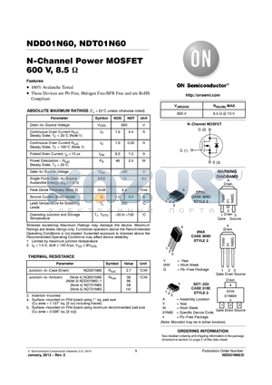 NDD01N60 datasheet - N-Channel Power MOSFET 600 V, 8.5 ohm