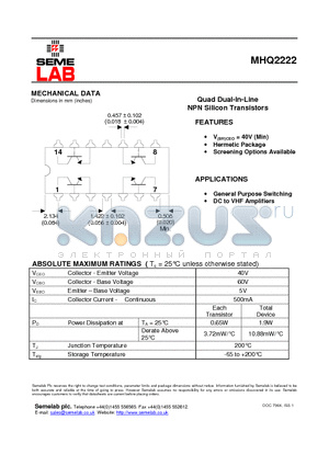 MHQ2222 datasheet - Quad Dual-In-Line NPN Silicon Transistors